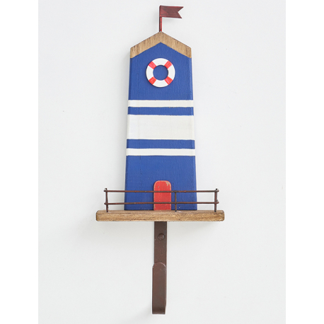 Maritime Garderobe Leuchtturm aus Holz – Dunkelblau Wandhaken Batela 36 cm